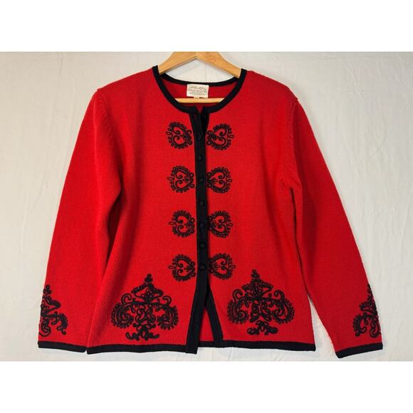 Vtg Red Cardigan Sweater Susan Bristol Worsted Wool Solid Knit Medium Scroll - Picture 1 of 5
